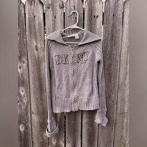Y2K DKNY Gray Knit Zip-Front Sequin Sweater